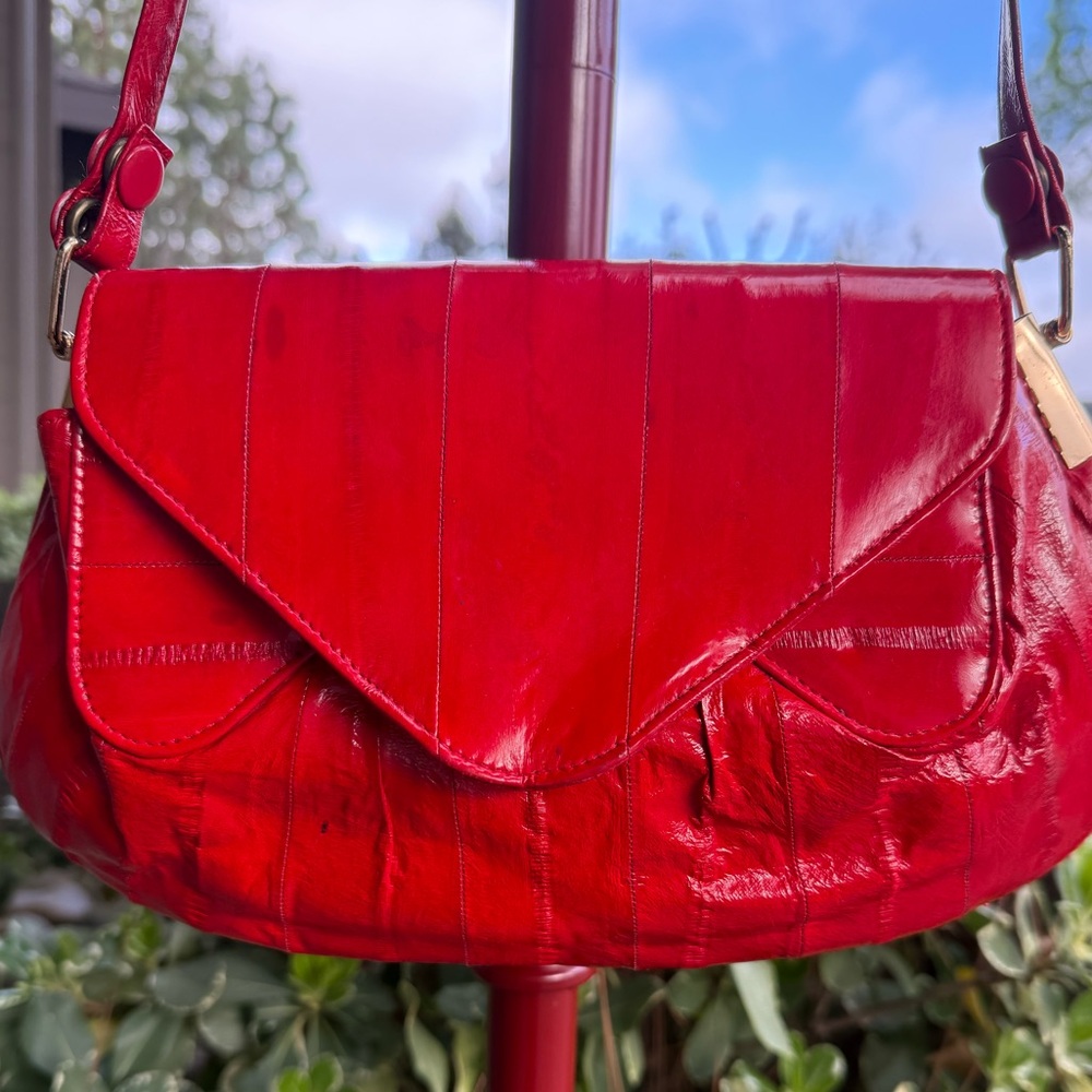 Red Eeel Skin Bag Gold Hardware made in Korea 1980s
